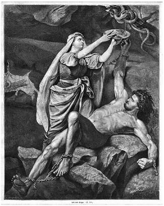 Ejemplo de grabado realizado por J. Engberg, en aparente colaboración con otro artista de nombre C. Larsson, que consiste en una reproducción de una pintura del artista sueco Mårten Eskil Winge y que fue utilizada para ilustrar la versión sueca de la Edda poética (1893)